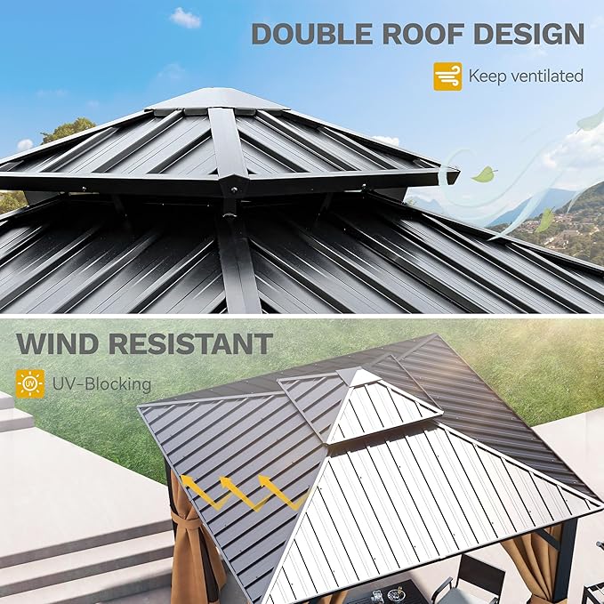 DWVO 10x10ft Hardtop Gazebo Double Roof Heavy Duty Galvanized Steel with Nettings and Curtains, for Patio, Backyard, Deck, Lawns, Brown