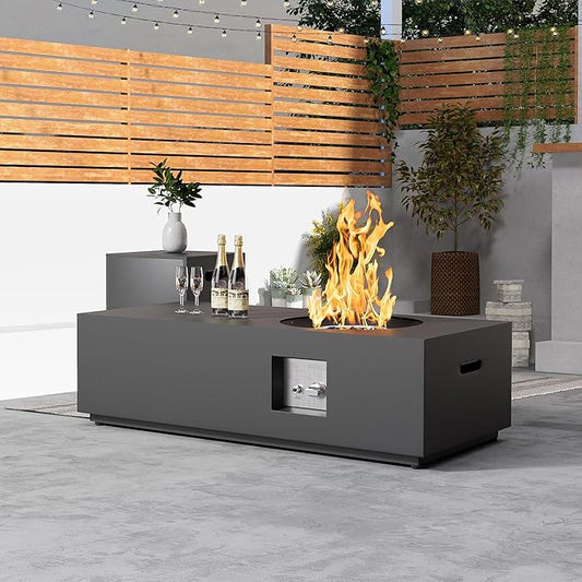 48 inch Propane Fire Pit Table, 2 in 1 Rectangular Outdoor Fire Pit with 20lb Tank Table, Outside Patio Deck and Garden, LED Gas Fire Pit Table with Lid and Stone, 50,000 BTU Adjustable Flame, Black