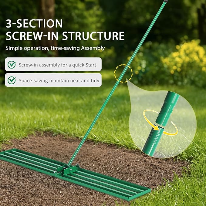 VINGLI Iron Lawn Leveling Rake 48in for Soil Sand Composs, Extended Handle, 180°Rotation Head, with All Handwares, for Yard Garden Golf Field, Green (48in)