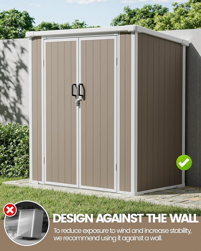 5x3 ft Outdoor Storage Shed with Floor, All-Weather Resin Tool Shed with 2 Shelves, Heavy-Duty Garden Shed for Yard, Bicycle, and Lawn Equipment, Easy Assembly, Warm Gray