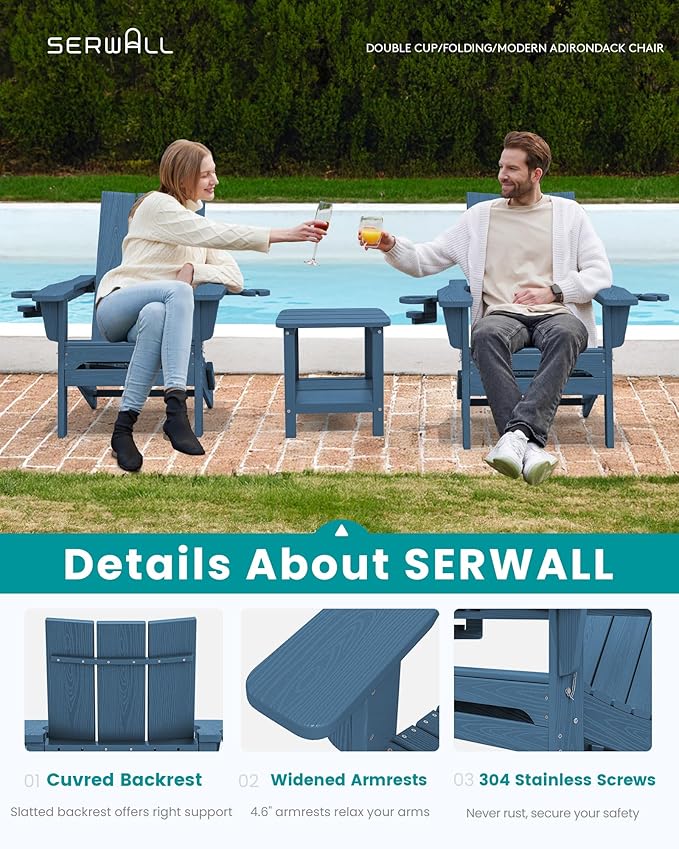 SERWALL Modern Folding Adirondack Chair Set of 6, Weather Resistant Outdoor Adirondack Chair with Dual Cup Holders, HDPE Fire Pit Chairs for Patio Lawn Garden, Blue