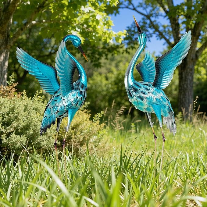 Ultym 47.5" Extra-Large Blue Heron Decor, Handcrafted Metal Crane Garden Statue with Stable U-Ground Stakes, Backyard Decoration, Metal Garden Bird Animal Yard Art, Lawn Ornament