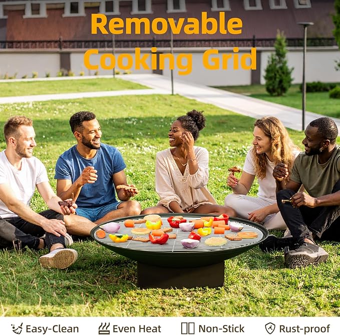 32 Inch Fire Pit for Outside, Outdoor Wood Burning Fire Pit Table with Grill & Cover Lid, Large Portable Firepit for Backyard Patio Camping