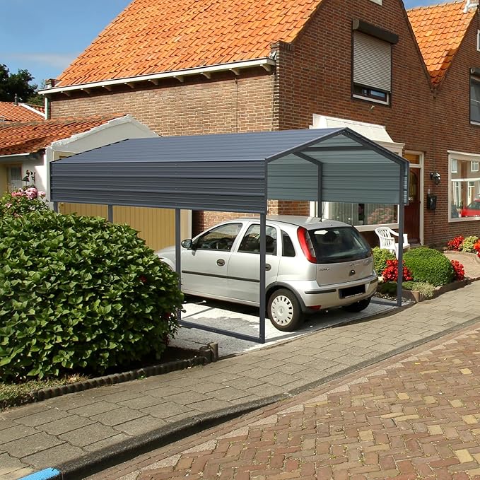 Outvita Heavy Duty Metal Carport, 10x15FT, Gray, Vehicle Protection, Outdoor Gatherings