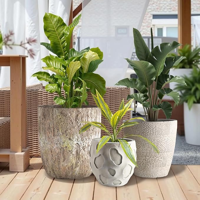 Round Concrete Style Planter Set of 3, Large Outdoor Flower Pots with Drainage, Stone Texture Plant Pots for Indoor Outdoor Garden, Patio & Balcony Décor (3, Sandstone)