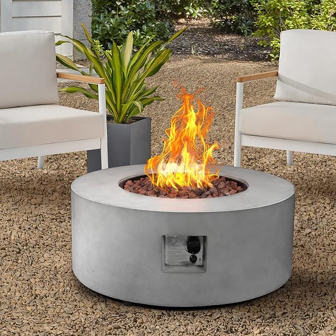 36inch Round Concrete Fire Pit Table Propane 50,000 BTU Outdoor Fire Table Modern Firepit CSA Certification Natural Gas Firepits with Steel Lid, Rain Cover for Outside, Backyard, Deck