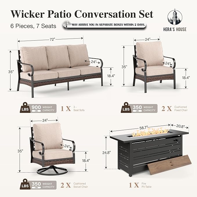 HERA'S HOUSE 6 Piece Metal Patio Furniture Set with 56" Fire Pit Table, All Weather Outdoor Conversation Set, 3 Seat Sofa, 2 Swivel Chairs, 2 Fixed Chairs, Seats 7 for Backyard, Garden, Deck, Beige