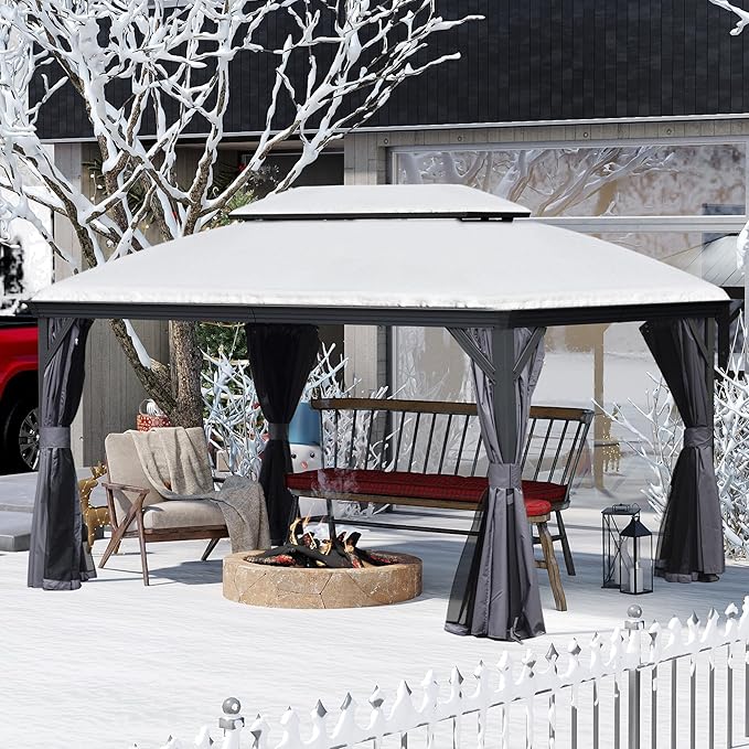 Domi 10' X 14' Hardtop Gazebo, Upgraded Metal Gazebo with Dual-Layer Resin Roof, Drainage System, Curtain and Netting, Outdoor Shelter Canopy for Patio, Garden, and Backyard, Grey