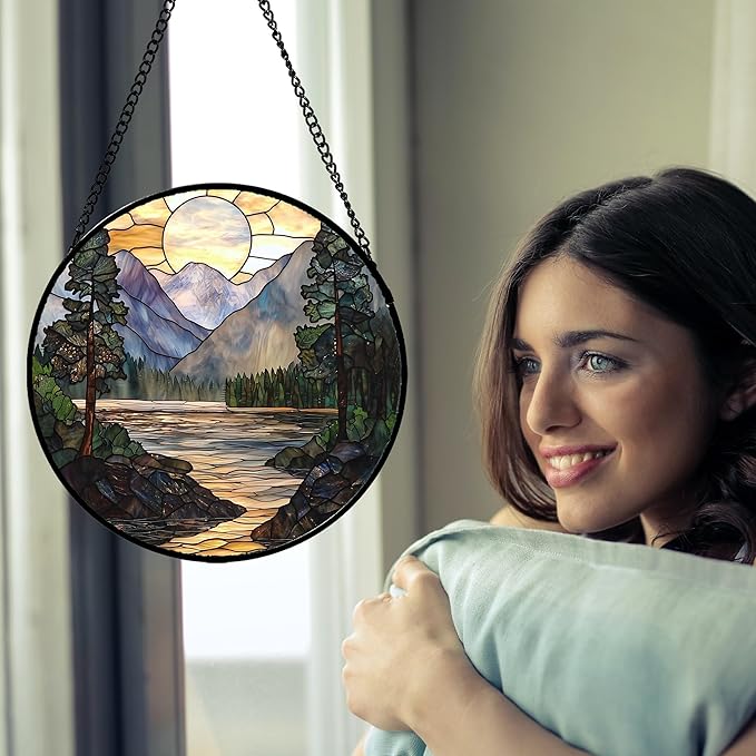 AMDERVEN Stained Glass Window Hanging, Sunset Mountains Lake Tree Sun Catcher for Window Home Decor Landscape Suncatcher Mother's Day Birthday Gifts for Women Men Mom and Nana 11.8 in