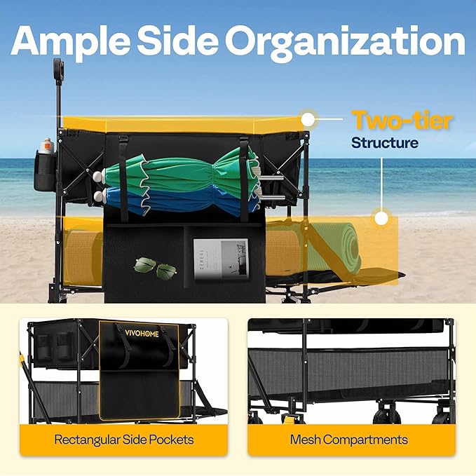 VIVOHOME 400L Large Capacity Double Decker Collapsible Wagon 500lbs Heavy Duty Utility Folding Cart with Big Wheels 53" Extended for Camping, Sports