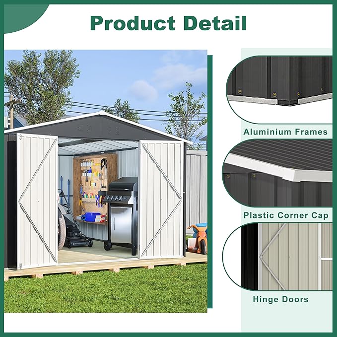 Favfurish Outdoor Storage Shed 10×12 FT,Metal Waterproof Tool Sheds with Lock and Key,Heavy-Duty Sheds Unit W/Doors and Vents,Galvanized Steel Garden House for Storing Bicycles,Barbeques,Black