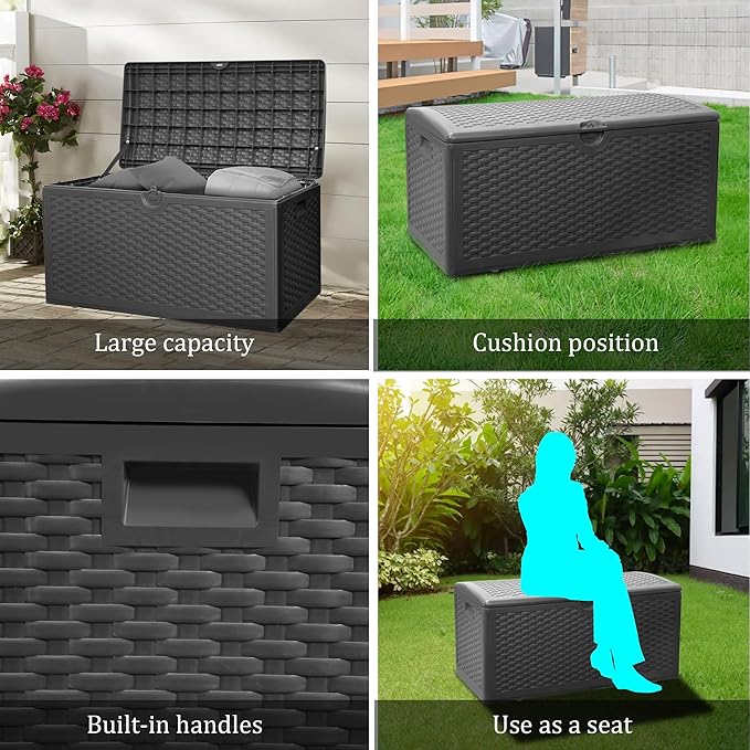 80 Gallon Plus Outdoor Storage Box Waterproof Lockable Resin Deck Box Large, Patio Storage Bin for Pool Accessories Cushion Furniture, Garden Tools, UV-Resistant Outside Delivery Black