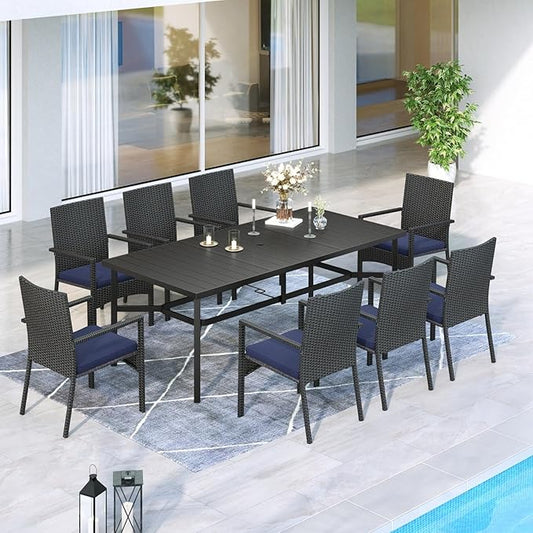 MFSTUDIO 9 Pieces Outdoor Patio Dining Furniture Set with 8 Wicker Chairs, Patio Large Rectangle Metal Table Set for 8 with 1.7'' Umbrella Hole, Outdoor Table and Rttan Chairs Dining Set