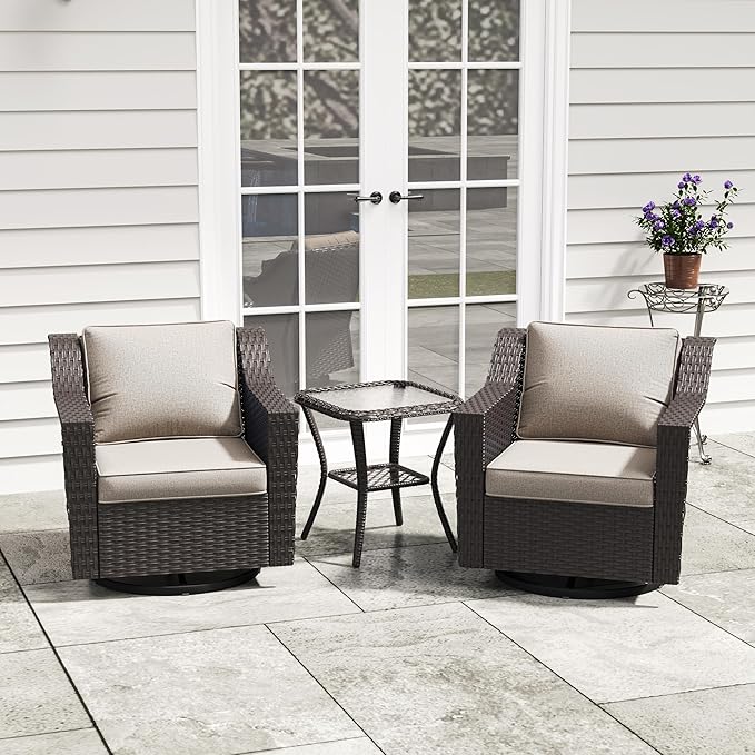 3 Pieces Patio Conversation Furniture Set - 2 Swivel Chairs, 1 Side Table, Outdoor Wicker Rocking Glider Armchairs with Washable Cushions for Porch, Balcony, Sunroom (Beige)