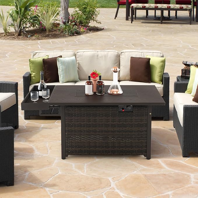 Giantex 52" Outdoor Propane Fire Pit - 50,000 BTU Wicker Patio Gas Fire Table w/Lid, Waterproof Cover, Tempered Glass Wind Guard & Blue Fire Stone, PE Rattan Firepit Table w/Storage Shelf (Brown)