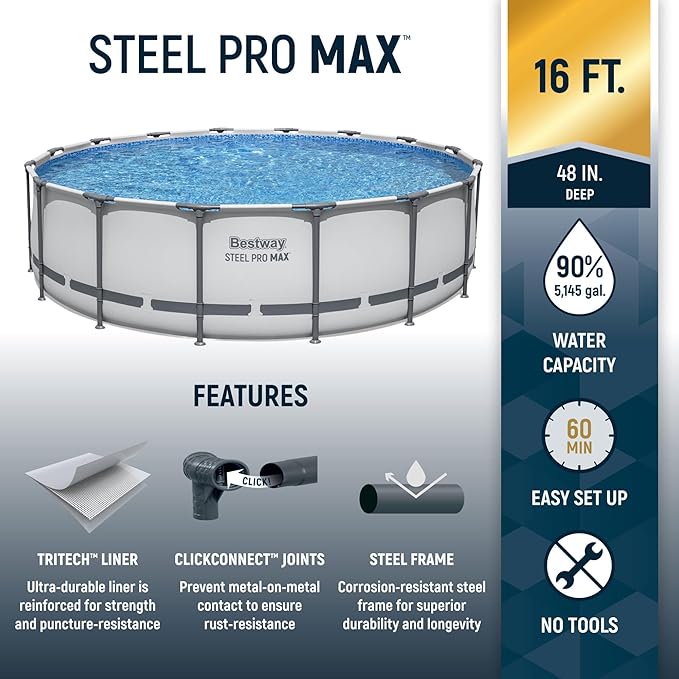 Bestway Steel Pro MAX 16 Foot x 48 Inch Round Metal Frame Above Ground Outdoor Swimming Pool Set with 1,000 Filter Pump, Ladder, and Cover
