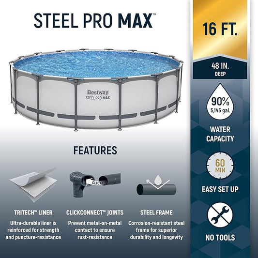 Bestway Steel Pro MAX 16 Foot x 48 Inch Round Metal Frame Above Ground Outdoor Swimming Pool Set with 1,000 Filter Pump, Ladder, and Cover