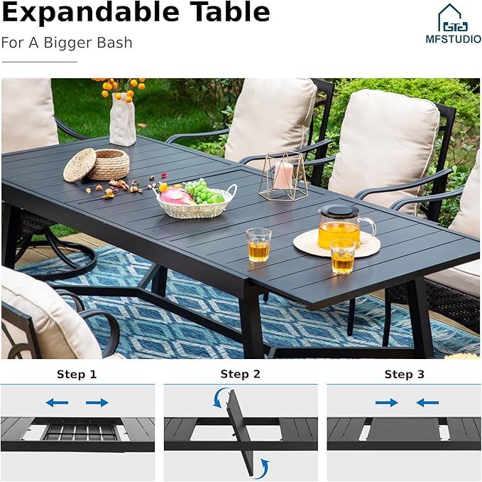 MFSTUDIO Outdoor Dining Sets with Swivel Chairs for 8, Expandable Patio Table and Chairs, Heavy Duty Patio Dining Set for 8, Metal Rectangular Table & Wicker Chair, Bakcyard, Porch