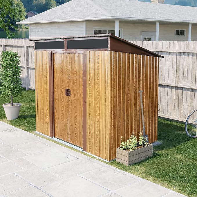 6X5 FT Outdoor Storage Shed, Waterproof Metal Garden Sheds with Lockable Door, Steel Tool Storage Buildings Shed & Outdoor Storage House for Garden, Backyard, Patio, Lawn, Trash Cans(Coffee)