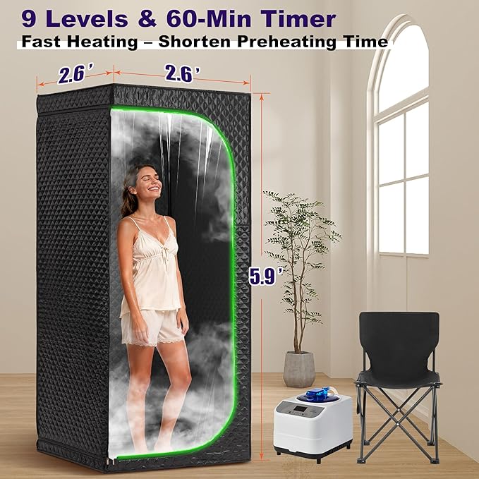 Steam Sauna Tent for Home with Transparent Door, Portable Indoor Sauna with Powerful Steam Heating, Foldable Personal Spa for Relaxation (Single Rectangular, Black)