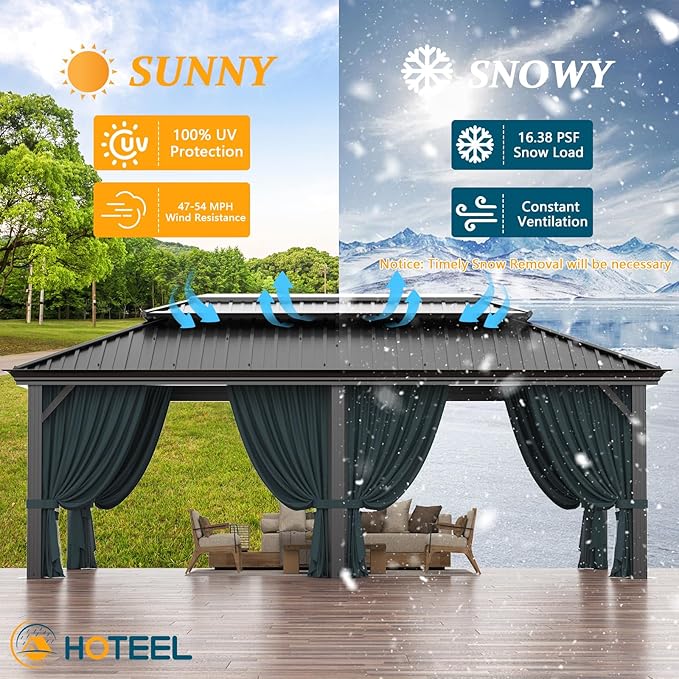 HOTEEL 12x20 Gazebo with Metal Roof & Drainage System, Heavy Duty Hardtop Gazebo with Flame-Retardant Curtain & Netting, Gazebos with Galvanized Steel Double Roof, Outdoor Gazebo for Patio, Party