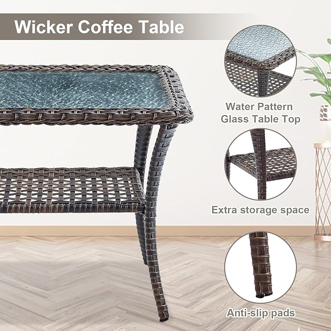 Belord Outdoor Furniture Set - 6 Pieces Patio Conversation Sectional Sofa Set with Swivel Rocker Outdoor Chairs Set of 2 and Wicker Coffee Table for Deck Backyard Sunroom Brown