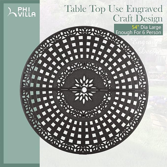 PHI VILLA Round Patio Dining Tables for 6 Person, Outdoor Aluminum Table 54" Dia with 2.1" Umbrella Hole, Lawn Garden Tables for All Weather