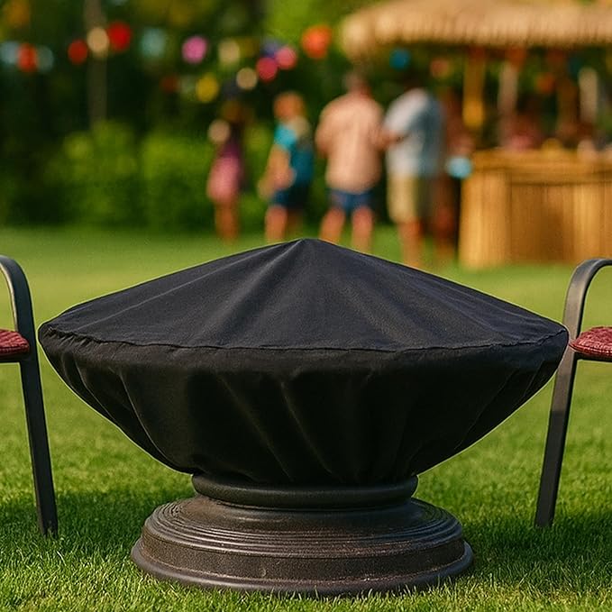 Sunnydaze Round Outdoor Fire Pit Cover - Heavy-Duty 300D Polyester and PVC with Drawstring Closure - Black - 40-Inch