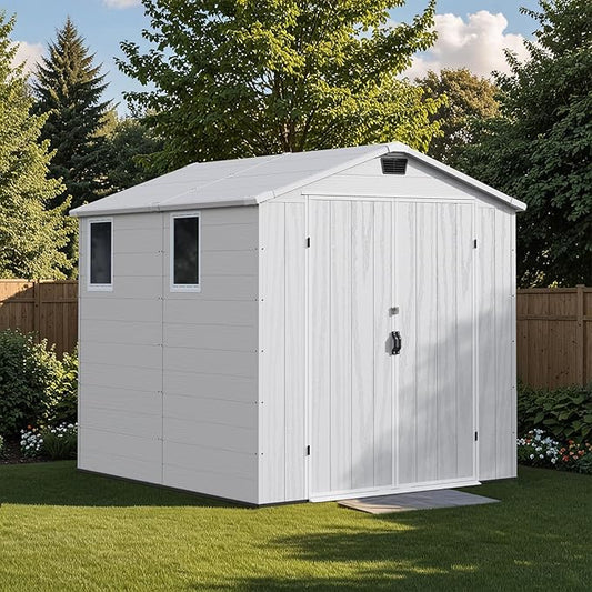 Patiowell 6x8 FT Outdoor Storage Shed with Floor, Resin Garden Tool Shed with Lockable Door & Windows, Weather-Resistant for Lawn Mower, Patio Furniture, Backyard Storage (Light Gray)