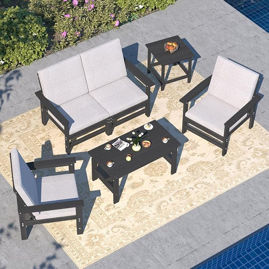 6-Piece HDPE Patio Furniture Set, All-Weather Outdoor Sectional Sofa Set w/Coffee Table+Side Table - Wood-Like Composite Conversation Couch for Deck, Lawn, Balcony - Black Frame with Cushion
