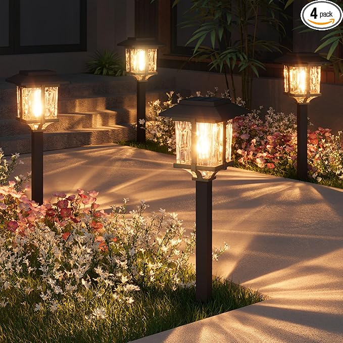 XMCOSY+ Solar Pathway Lights Outdoor, 2-Tone LED Waterproof Garden Outdoor Lighting for Yard Stainless Steel & Glass Solar Powered Landscape Walkway Driveway Decor (4 Pack, Warm White)