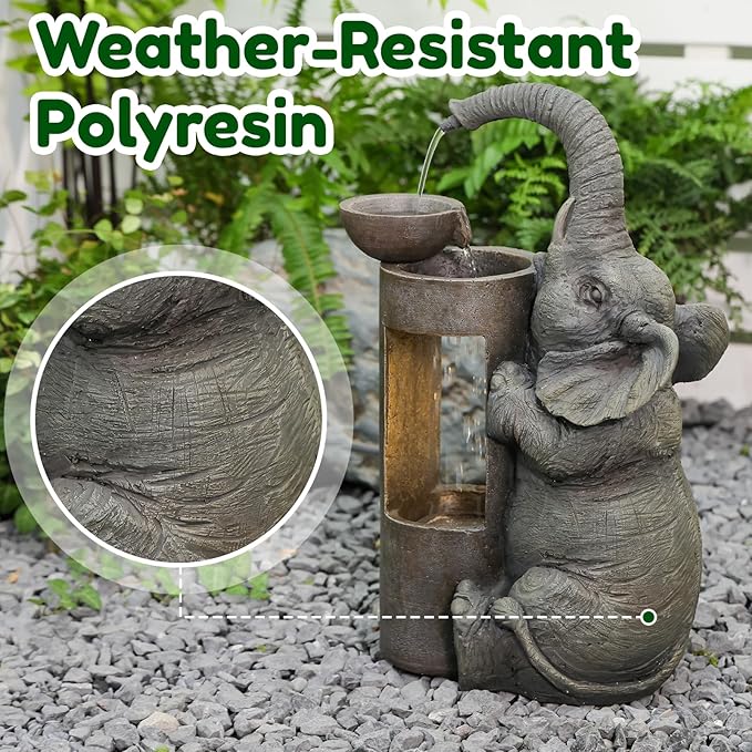 Tankana Elephant Waterfall Fountain for Indoor Desktop & Outdoor Use Small Garden Water Feature with LED Light Quiet Mini Cute Table Water Fountains for Patio, Yard, Home Decor