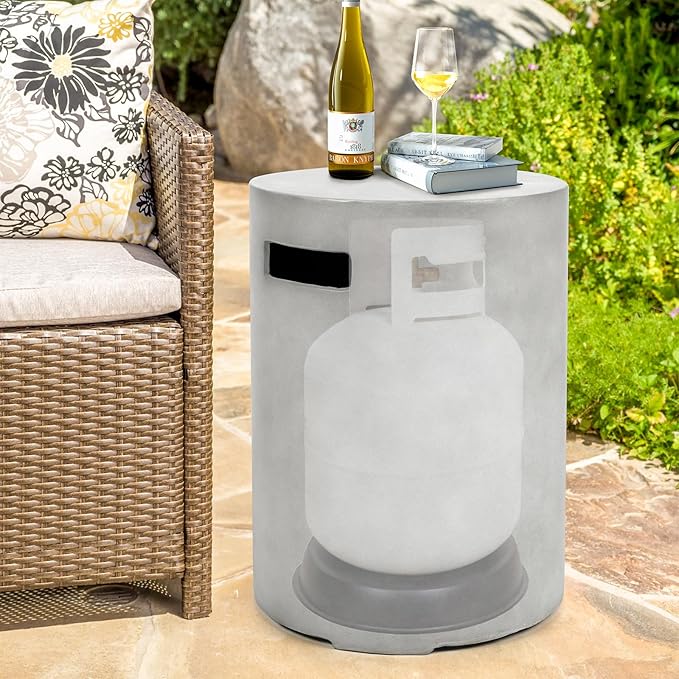Propane Tank Cover Table, Modern Outdoor Gas Tank Covers, 20LB Concrete Tank Storage Box Hideaway Table for Propane Gas Fire Pit and Round Tank Holder with Handles (Gray) φ16 X 20inch