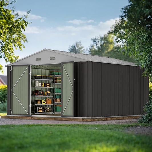 JUMMICO 10 x 10 FT Outdoor Storage Shed, Large Metal Garden Shed & Tool Sheds for Backyard Garden Patio Lawn (Grey)
