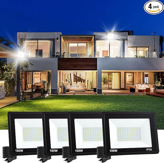 4 Pack 100W LED Flood Lights Outdoor Plug in, 10000 LM Super Bright Outdoor Lights, Portable IP66 Waterproof LED Work Light, 6000K Daylight White Floodlights for Garage Yard Garden Playground