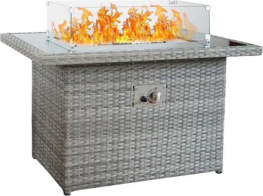 44 Inch Propane Fire Pit Table, 50000 BTU Gas Fire Pit with Glass Wind Guard & Lid, Outdoor Wicker Fire Table for Patio, Garden, Backyard (Grey)