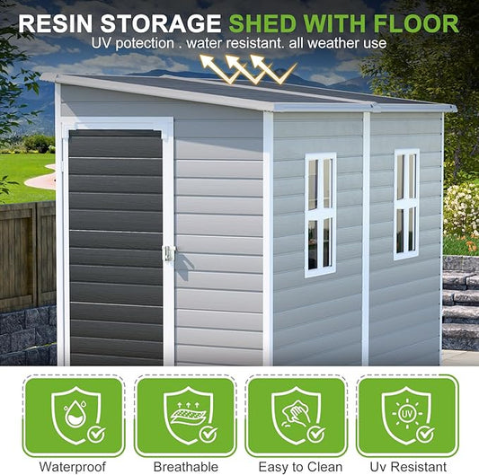 4x8 FT Lean-to Resin Shed with Floor Included, Waterproof Plastic Storage Cabinet, Garden Tool Sheds for Outdoor Wall