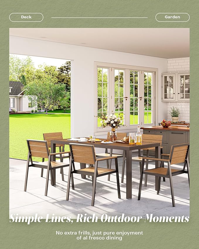 Outdoor Dining Set for 6, Patio Table and Chairs Set, Aluminum Patio Furniture Set with Umbrella Hole, HDPS Patio Dining Table Set for 6 (Gray-Teak)