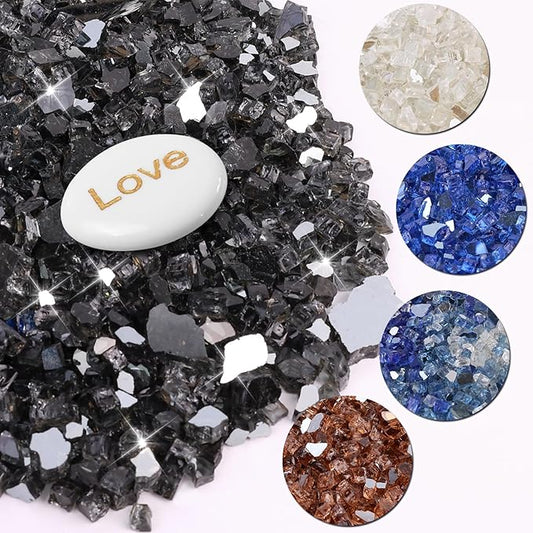 20Ib Fire Glass for Fire Pit - 1/2 inch Reflective Fire Glass Rocks for Propane and Gas Fireplace, Black Firepit Glass with Inspiration Stone - Black