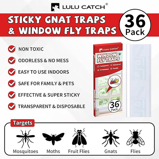 LULUCATCH Window Fly Traps, 36 Pack Fruit Fly Traps for Indoors, Gnat Traps Bug Catcher, Non-Toxic Flying Insect Trap, Sticky Traps for Mosquito, Moth, Pet Safe Pest Control for Home Kitchen