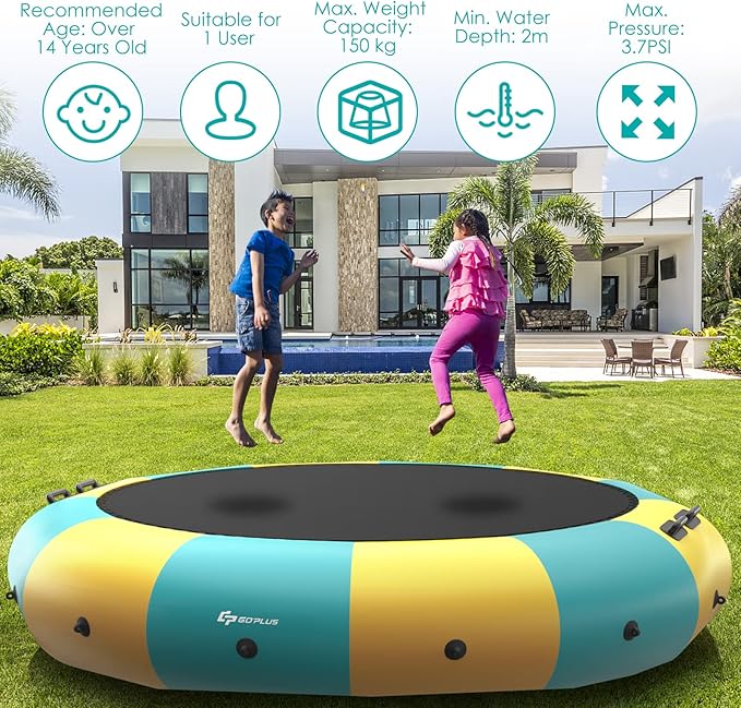 GYMAX Water Trampoline, Floating Lake Trampoline with Electric Pump & Rope Ladder, Inflatable Water Bouncer for Lake, Heavy Duty for Adults