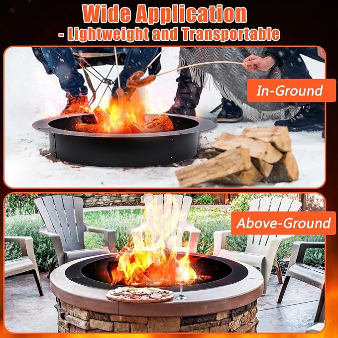 Fire Pit Ring 36-Inch Outer/30-Inch Inner Diameter for Outside, Heavy Duty Steel Wood Burning Fire Pit Ring Insert, DIY Ring Insert, Easy Setup Above or In-Ground for Backyard, Camping, Black