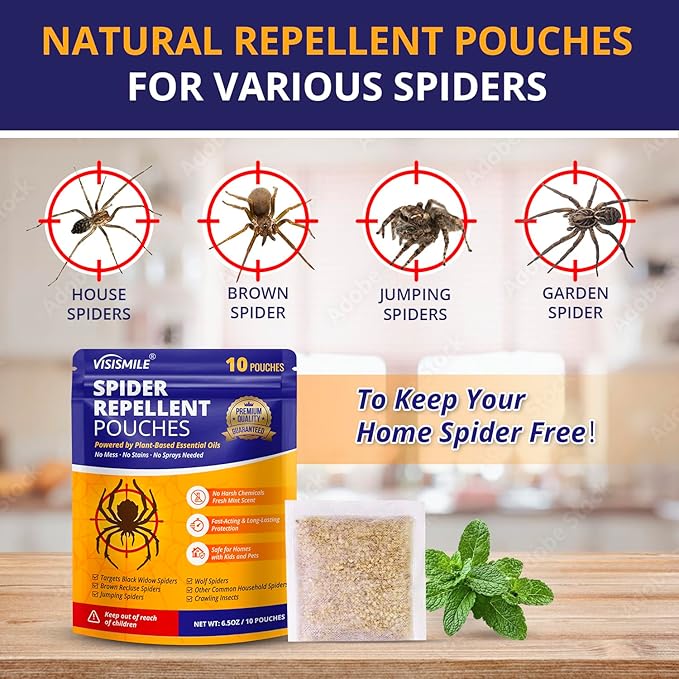 Spider Repellent Pouches Indoor and Outdoor:Effective Spider Deterrent for House Garage Attic - Safe for Kids and Pets with Plant-Based Essential Oils 10 Pack