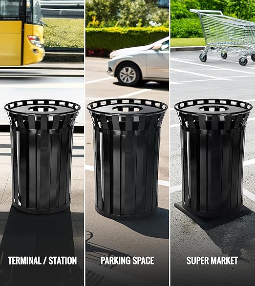 Alpine Industries 38 Gallon Commercial Outdoor Metal Trash Can, Open Top with Lid & Liner (Black)