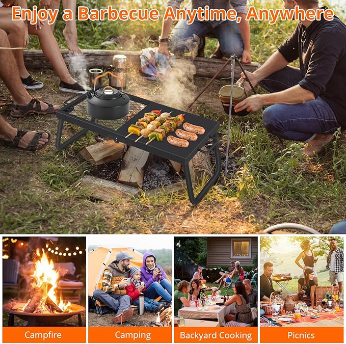 Portable Campfire Grill, Heavy Duty Steel Mesh Grate and Roasting Pan, Foldable, 22.4 x 11.2'' Camping Grates, Camping Essentials with Carrying Bag, for Outdoor Campsite & Party
