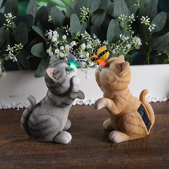 halp·ssfm Solar Garden Statue Cute Cat Figurine Fun Color Changing LED Butterfly Light Outdoor Decor Waterproof Resin Sculpture Patio Lawn Art Housewarming Gifts for Cat Lovers Women