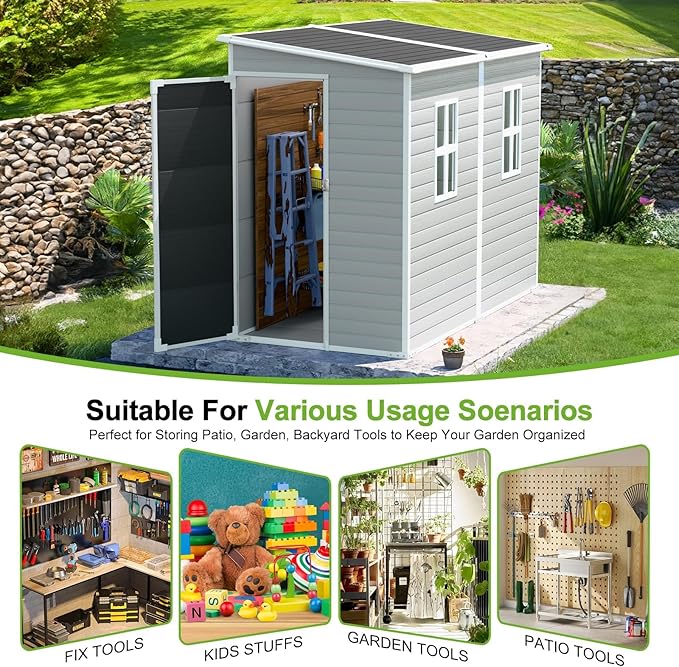 4x8 FT Plastic Storage Sheds Outdoor with Floor and Window, Lean to Resin Shed Easy to Install, Compact Sheds & Outdoor Storage/Tool Shed for Backyard Patio Lawn, Gray