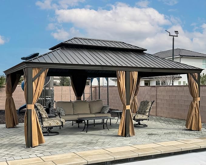 PURPLE LEAF 14' X 20' Hardtop Gazebo Patio Wide Aluminum Frame Metal Double Roof with Heavy Duty Netting and Curtains for Permanent Hard Top Pavilion Screen Khaki