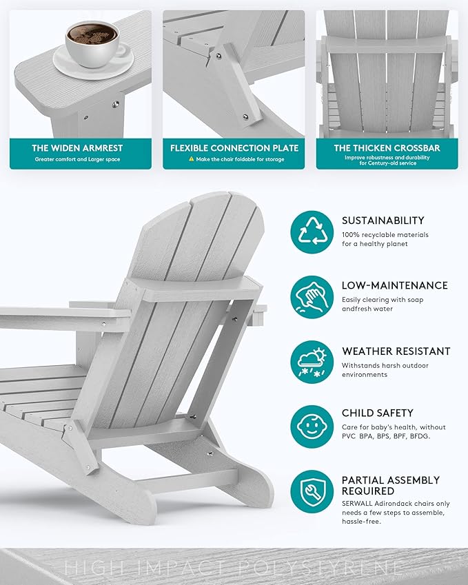 SERWALL Folding Adirondack Chair Set of 4 for Patio Garden Outdoors Fire Pit- Spanish Gray