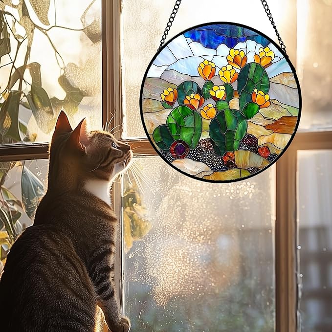 QZQCBLC Stained Glass Window Hanging Green Cactus with Yellow Flowers Large 11.8" - Suncatcher Door Garden Sun Catcher Home Decor Birthday Christmas for Woman Nana Friend Men Kids